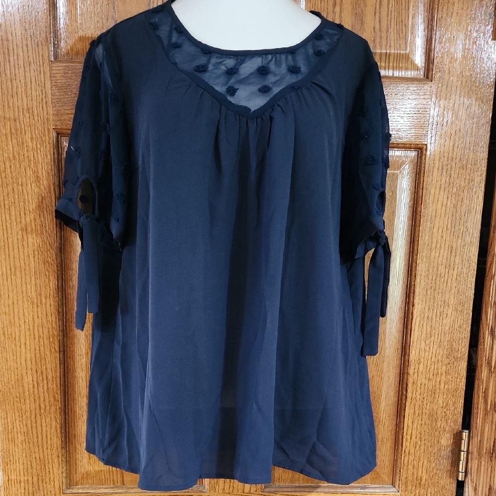 SHEIN Dark Blue Blouse with Sheer Sleeves